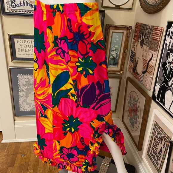 70s Vintage Bright Neon Floral Ruffle Hem Maxi Skirt With Elastic Waist Size M - Picture 2 of 4